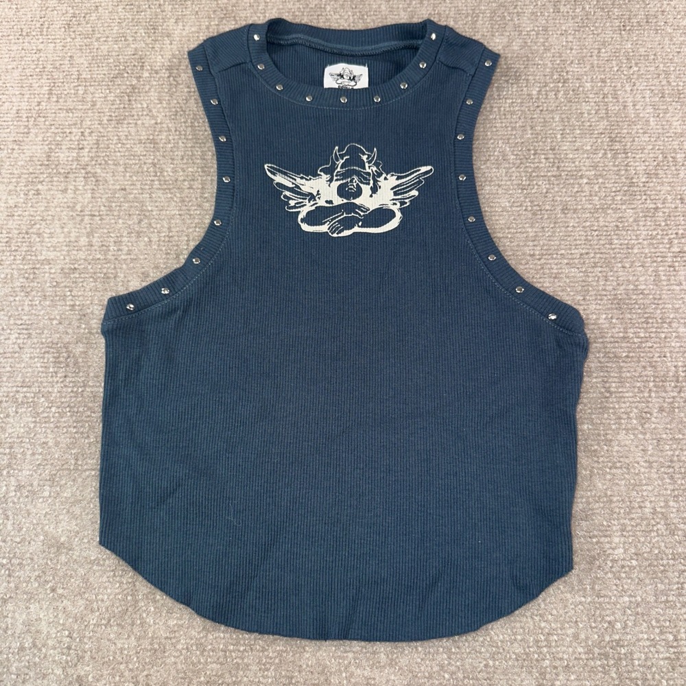 Boys Lie Blue Ribbed Studded Angel Graphic Muscle Tank Top OSO